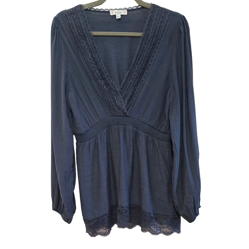 L Love Boho Coquette Smokey Blue Lace Trim Deep V-Neck Smocked Waist Blouse L
